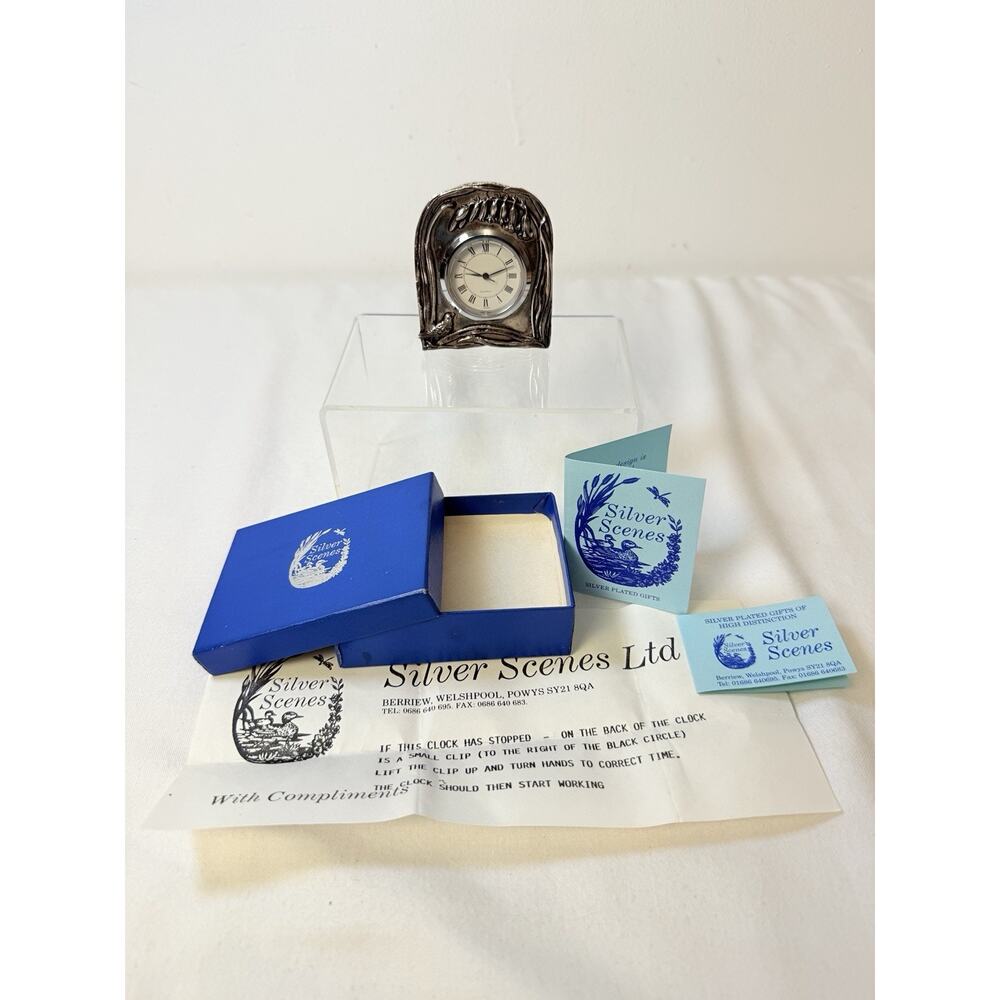 Silver Scenes Silverplated Mini Clock with Bird and Blue Bells